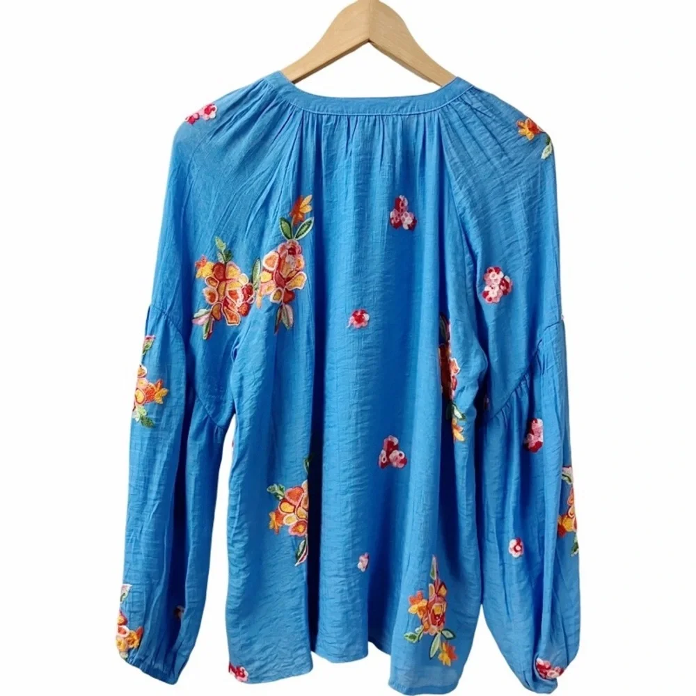 Figueroa & Flower Womens Embroidered Blouse SIZE Large Blue Balloon Sleeves NEW - Picture 9 of 14